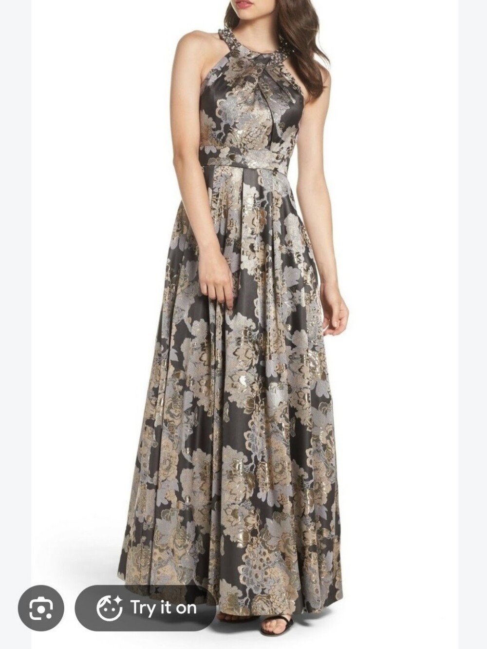 Eliza J Gray and Gold Embroidered Halter Evening Gown